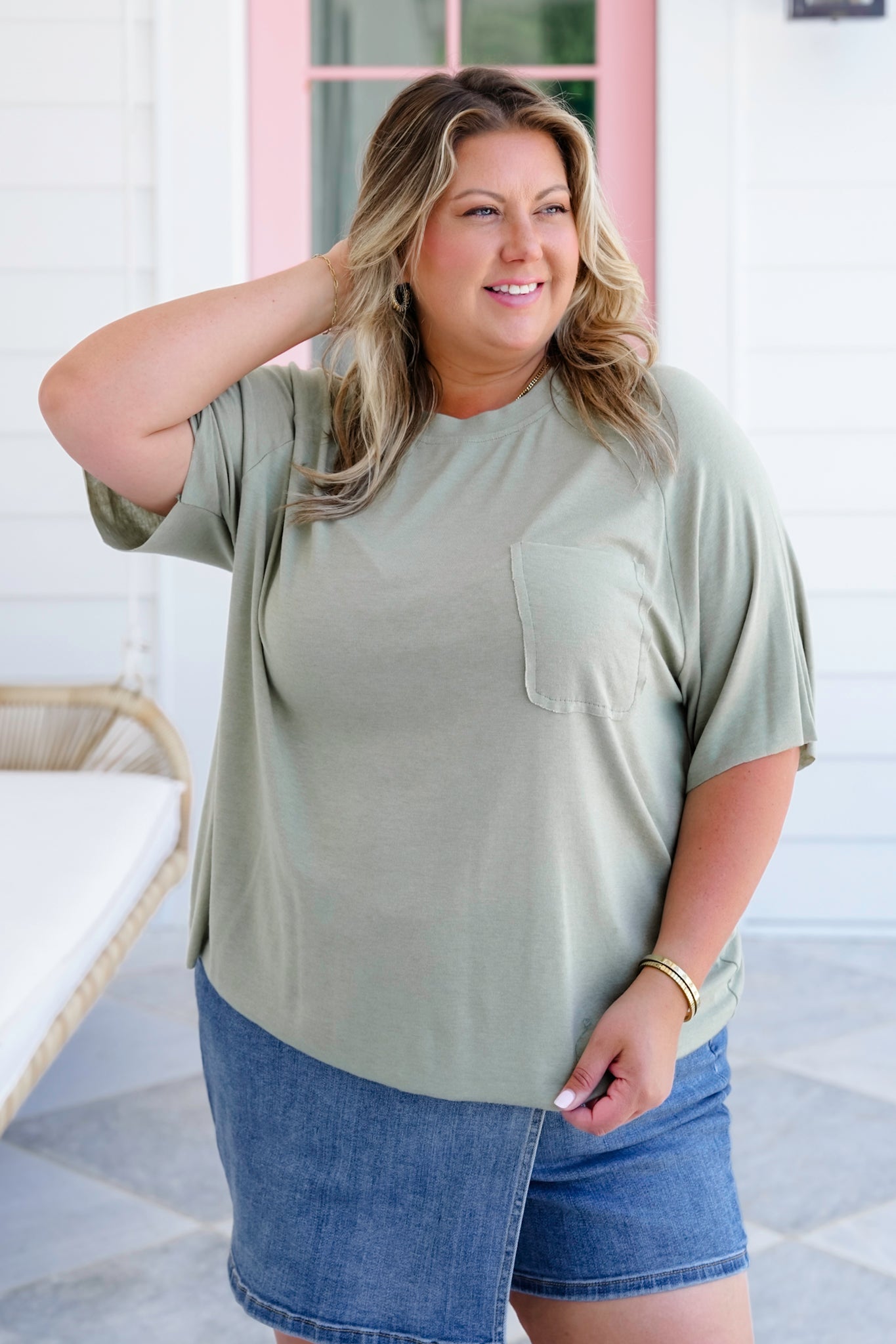 POL Solid Short Sleeve Round Neck Top with Chest Pocket Detail