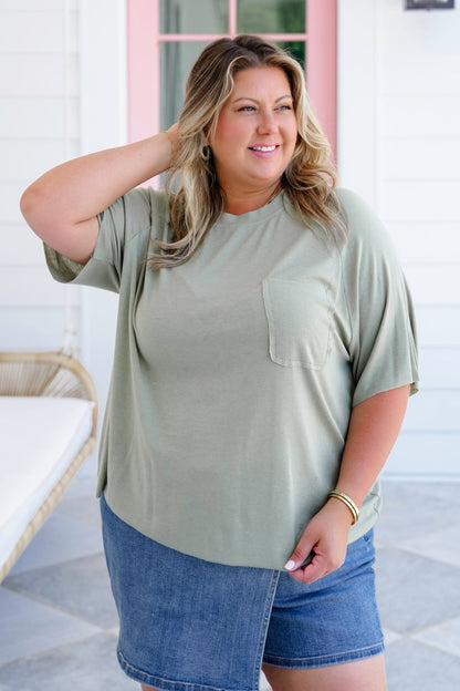 POL Solid Short Sleeve Round Neck Top with Chest Pocket Detail