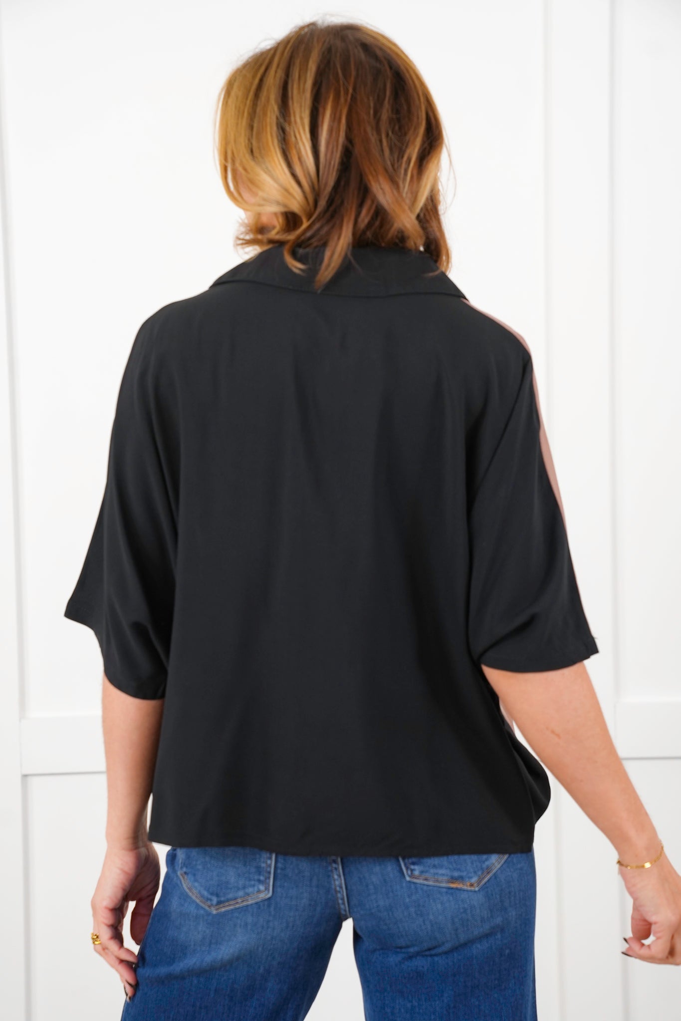 Color Block Short Dolman Sleeve Button Up Top
