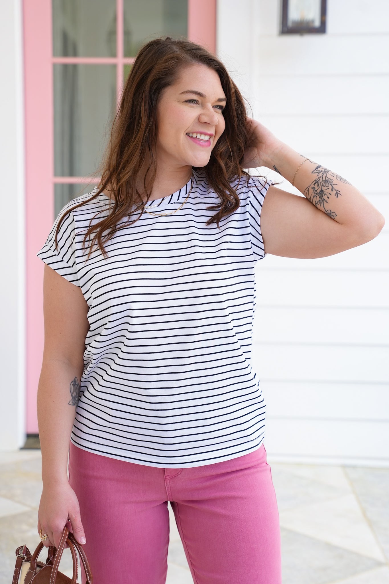 Plus/Reg Stripe Short Cap Sleeve Crew Neck Top