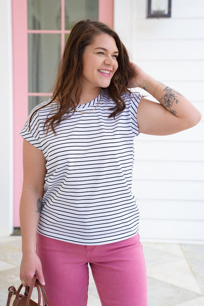 Plus/Reg Stripe Short Cap Sleeve Crew Neck Top