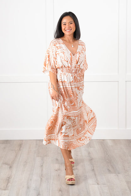 Plus/Reg  Boho Print Short Dolman Sleeve V Neck Midi Dress