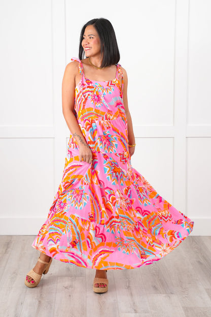 Multi Color Print Sleeveless Tie Shoulder Tiered Ruffle Midi Dress