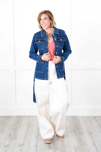 Plus/Reg Judy Blue Dark Denim Button Down Mid Length Utility Jacket