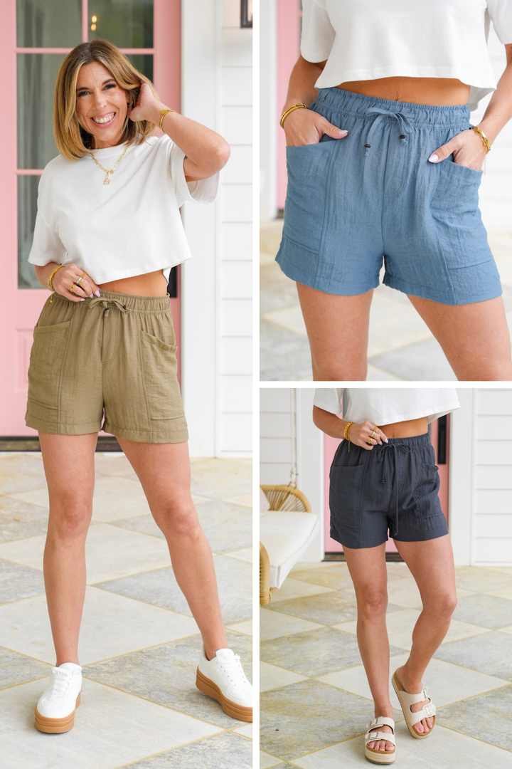 Linen Blend Elastic Waist Shorts with Patch Pockets
