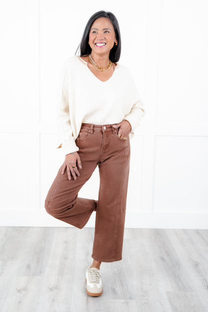 Risen High Rise Brown Cropped Wide Leg Barrel Jeans