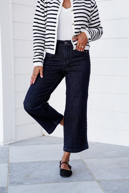 Judy Blue High Rise Dark Wash Cropped Jeans with Side Seam Braid Detail