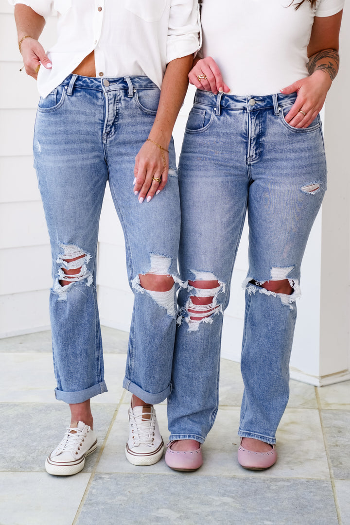 Risen High Rise Light Wash Tummy Control Distressed Ankle Straight Leg Jeans with Double Roll