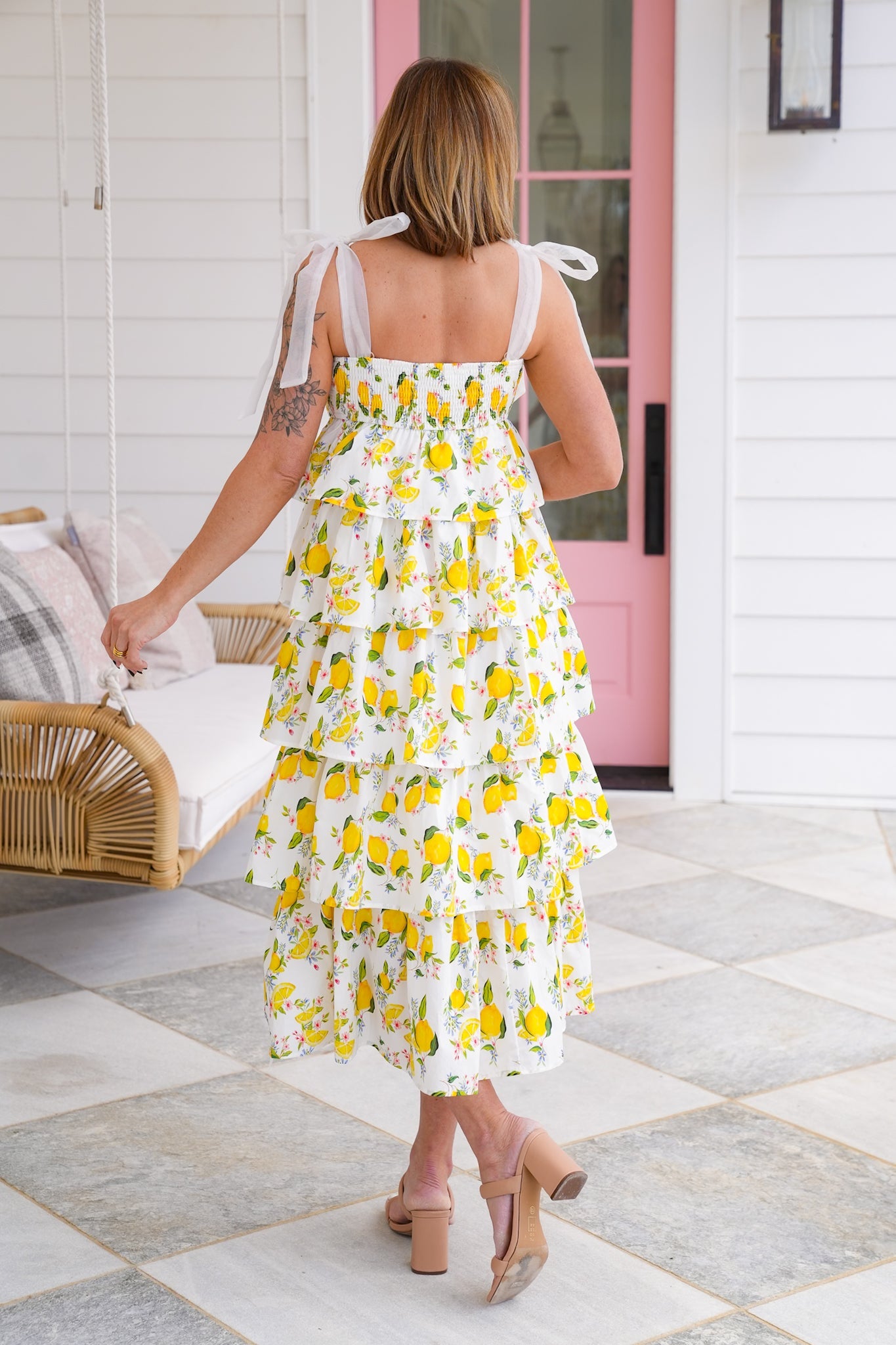 Lemon Print Sleeveless Smocked Tiered Midi Dress