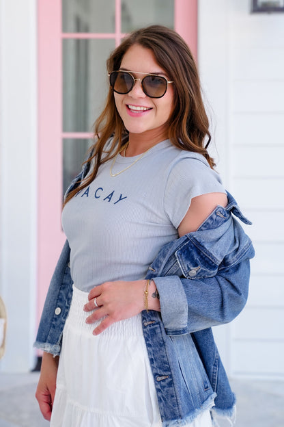 Embroidered "VACAY" Ribbed Knit Short Sleeve Top