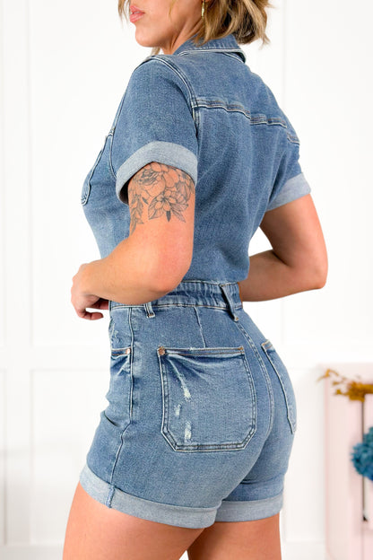 Plus/Reg Wildflower Judy Blue Denim Short Sleeve High Waist Romper