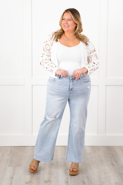 Mica High Rise Light Wash Raw Hem Wide Leg Jeans