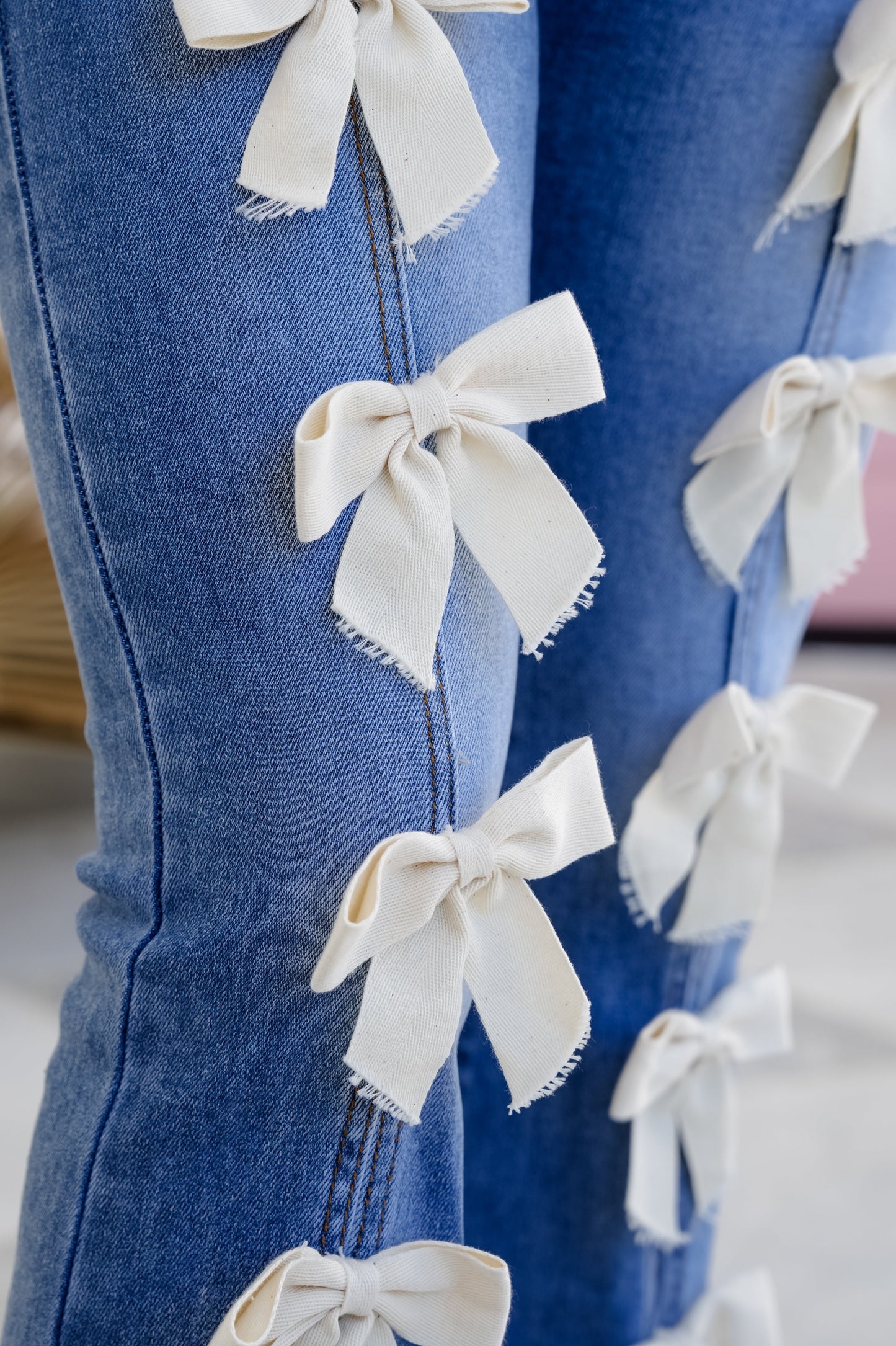 Restock! Denim High Waist Flare Leg Jeans with Bow Detail