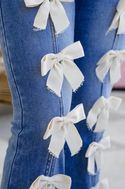 Restock! Denim High Waist Flare Leg Jeans with Bow Detail