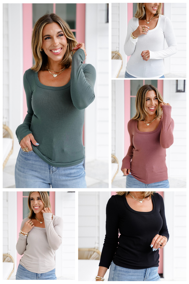 Solid Ribbed Long Sleeve Scoop Neck Top