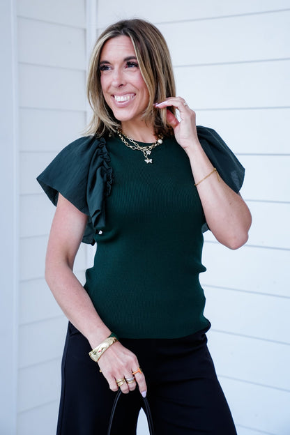 Hunter Green Ruched Wing Sleeve Round Neck Top