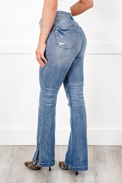 Judy Blue High Rise Medium Vintage Wash Tummy Control Slim Bootcut Jeans with Side Slit