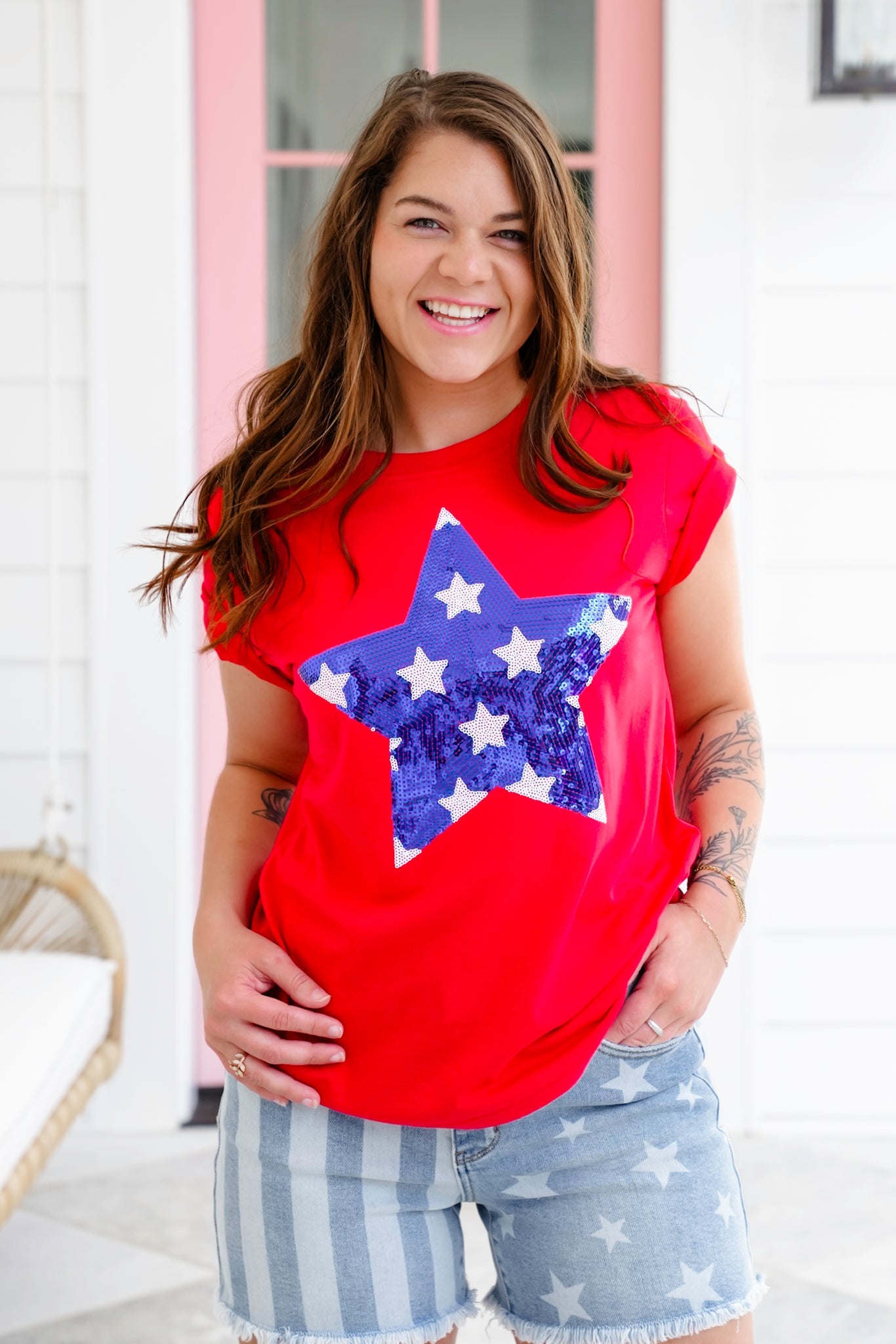 Plus/Reg Red Short Sleeve Top with Sequin Star Detail