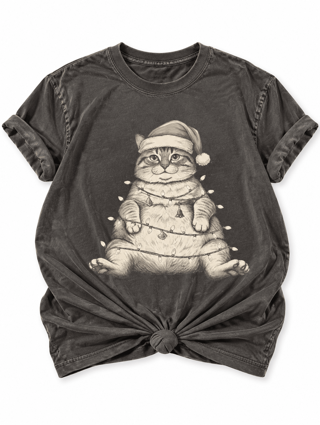 Plus/Reg Short Sleeve Santa Cat Wrapped in Christmas Lights Graphic Tee - Freckled Poppy