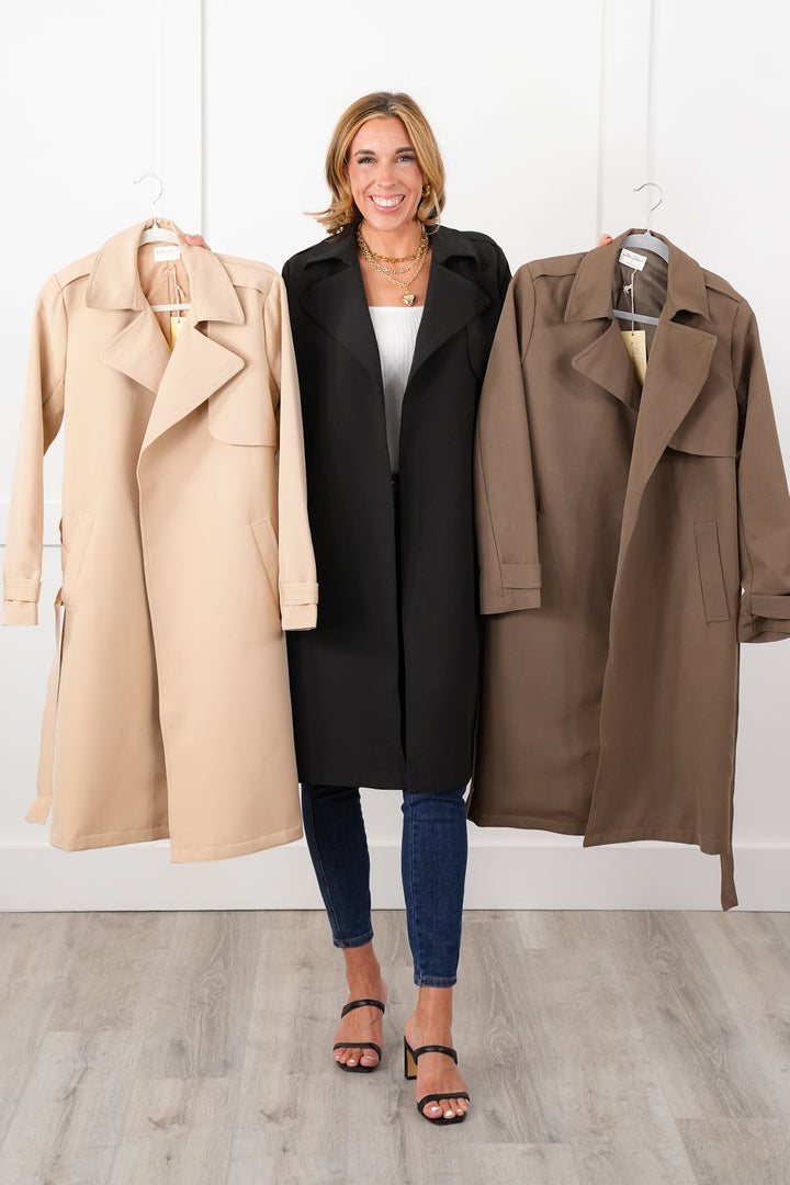 Long Sleeve Open Front Belted Trench Coat