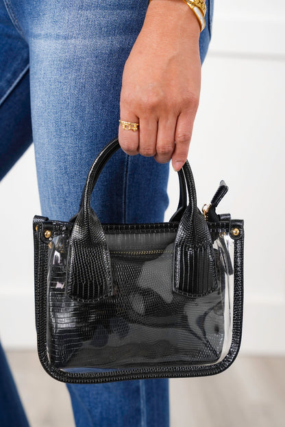 Black Lizard Texture Vegan Leather Trim Clear Satchel