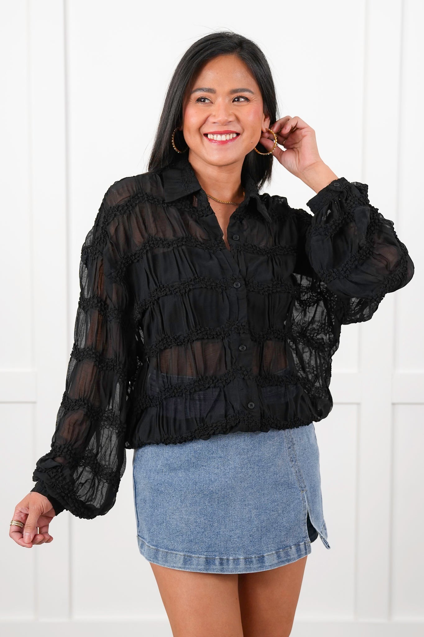 Textured Sheer Long Sleeve Button Down Blouse