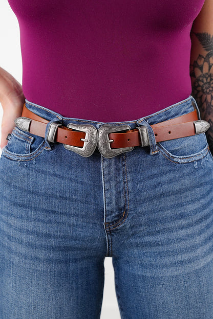 Double Buckle Western Style Leather Belt