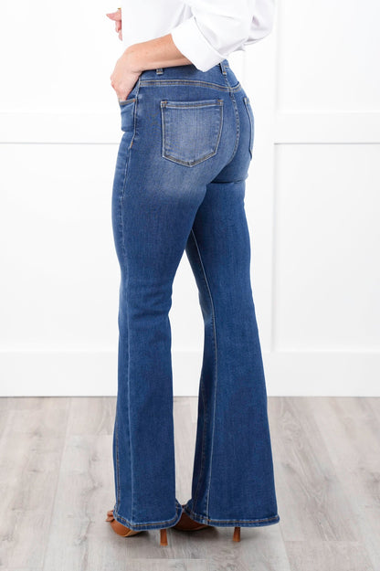 Risen High Rise Dark Wash Flare Jeans with Front Seam Detail