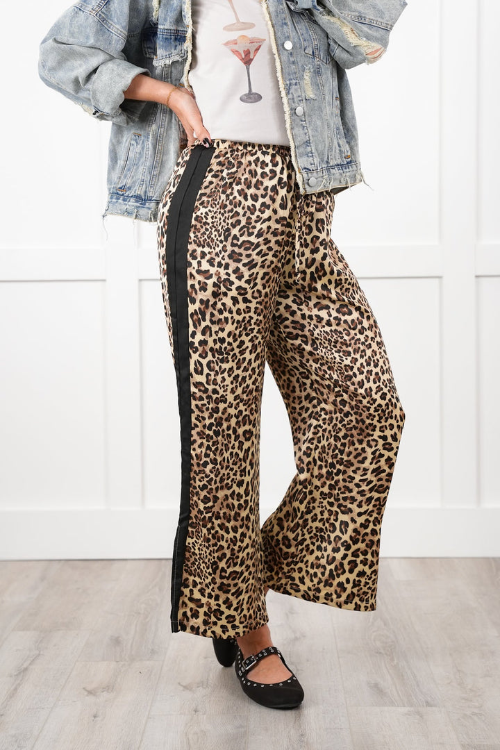 Leopard Elastic Waist Pull-On Pants with Stripe Detail