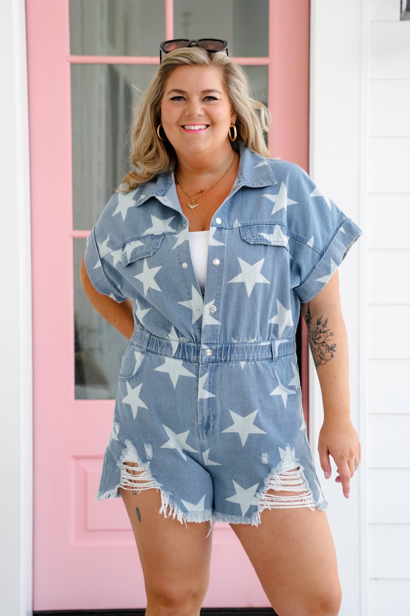 Star Print Distressed Denim Short Sleeve Romper