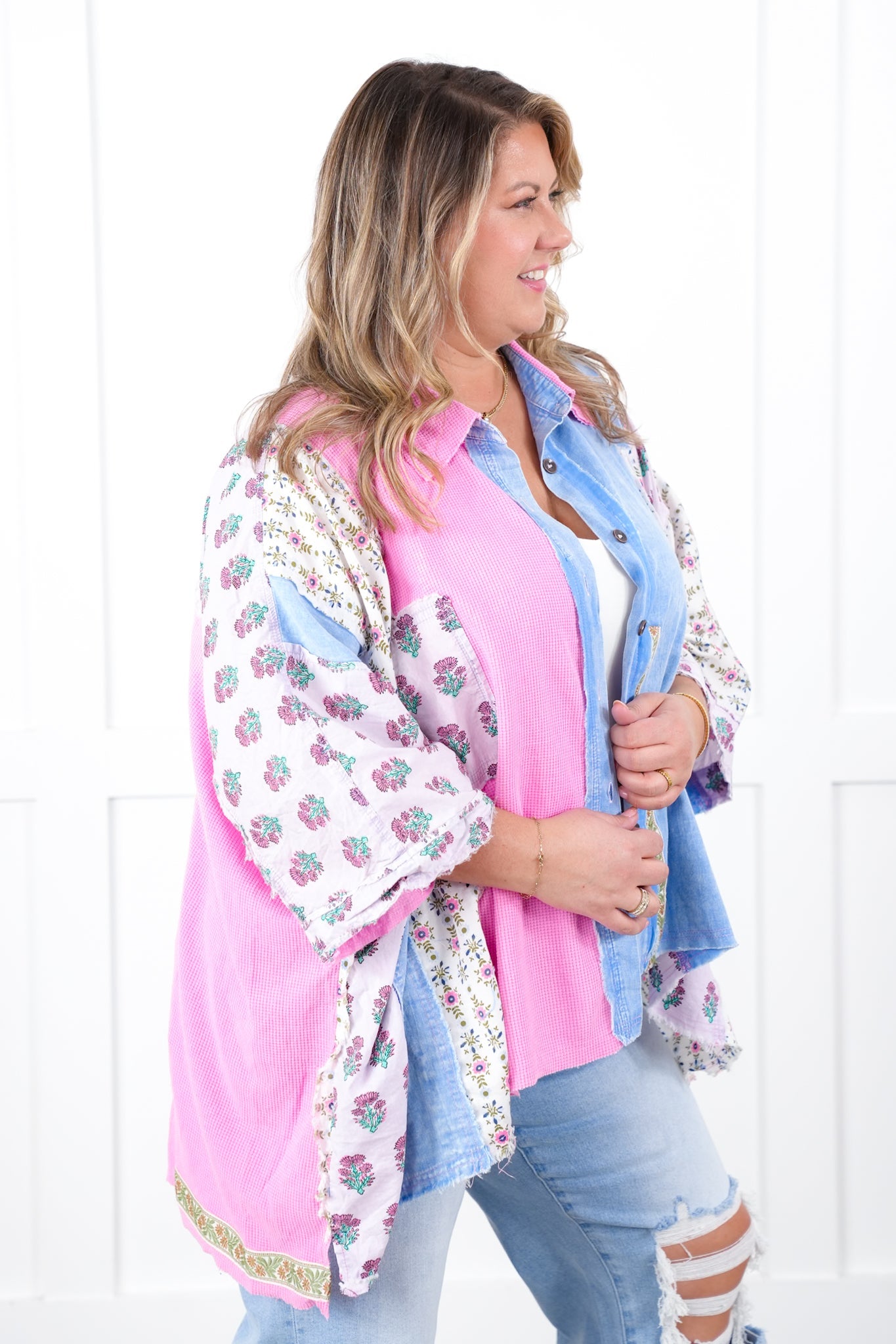 Oversized Multi Print Color Block Button Down Top
