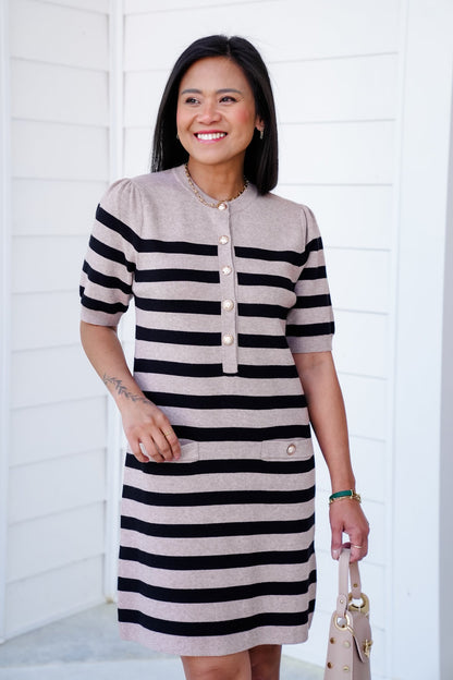 Striped Short Sleeve Dress with Button Details