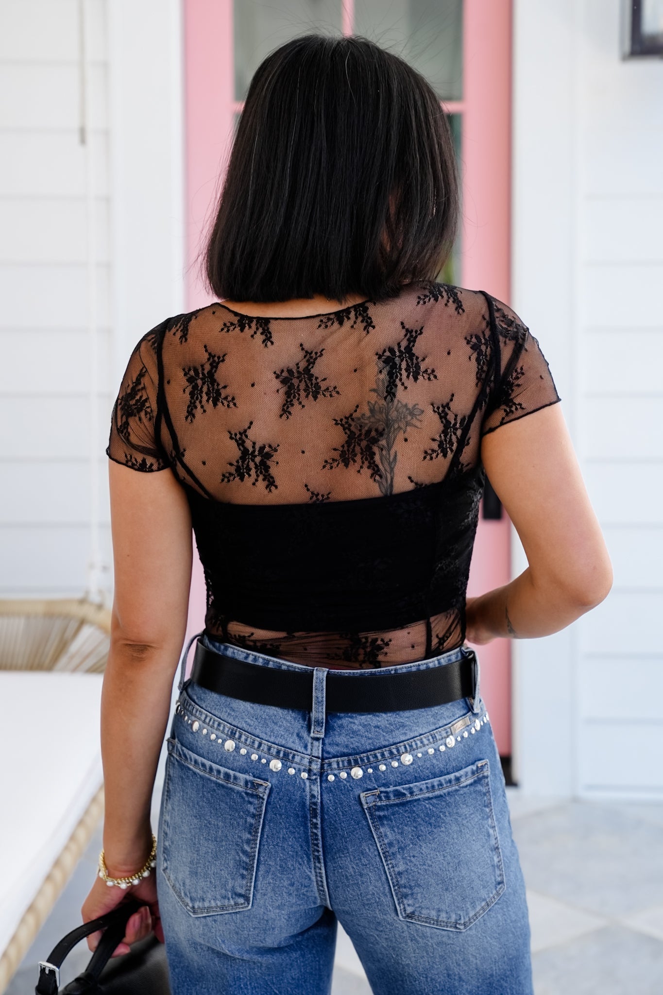 Floral Mesh Short Sleeve Top with Ruching Detail