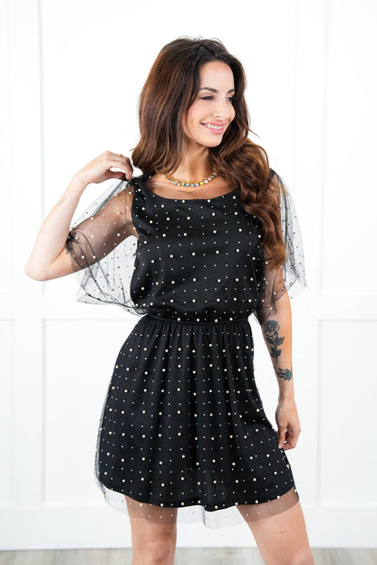 Plus/Reg Mesh Short Sleeve Elastic Waist Dress with Pearl and Rhinestone Detail