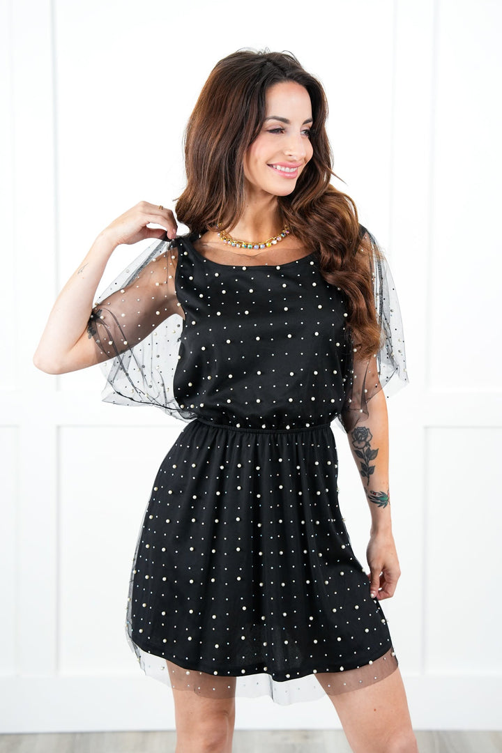 Plus/Reg Mesh Short Sleeve Elastic Waist Dress with Pearl and Rhinestone Detail