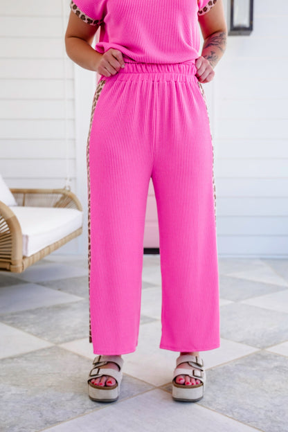 Plus/Reg Urban Ribbed Elastic Waist Pants with Leopard Detail