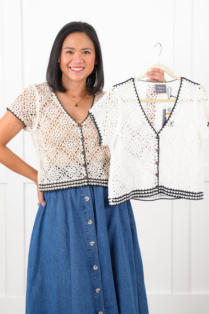 Crochet Short Sleeve V Neck Button Down Cardigan