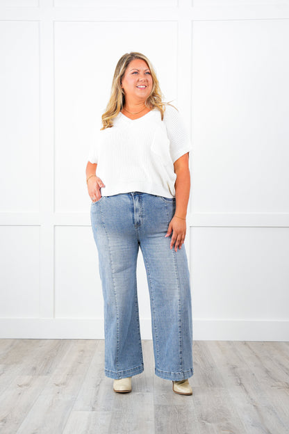 Restock! Risen High Rise Light Wash Cropped Wide Leg Jeans