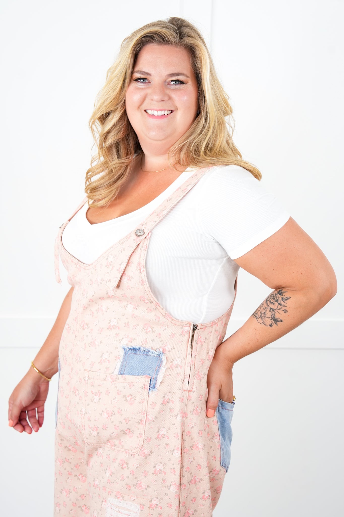 POL Floral Sleeveless V-Neck Denim Overalls With Patch Detail