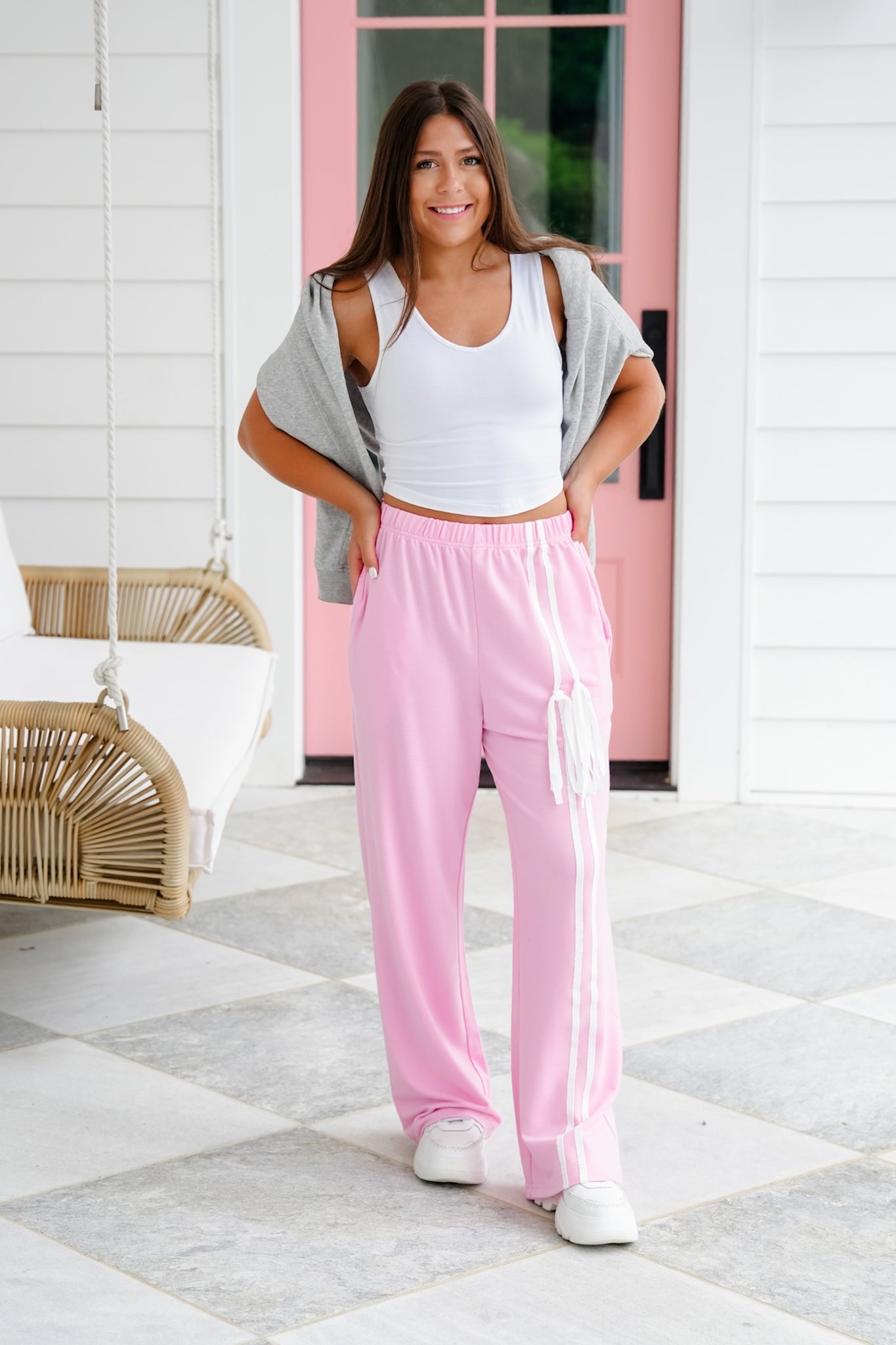 Pink Elastic Waistband Pants With One Sided Bow Detail