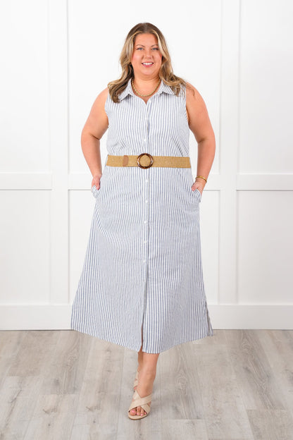 Plus/Reg Sleeveless Stripe Button Down Belted Maxi Dress