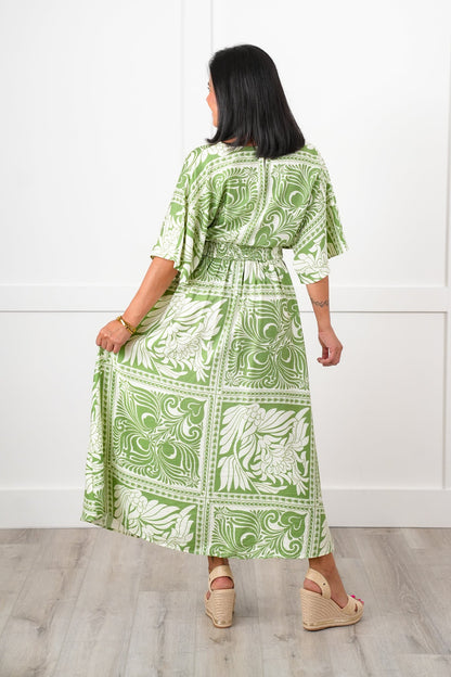 Plus/Reg  Boho Print Short Dolman Sleeve V Neck Midi Dress