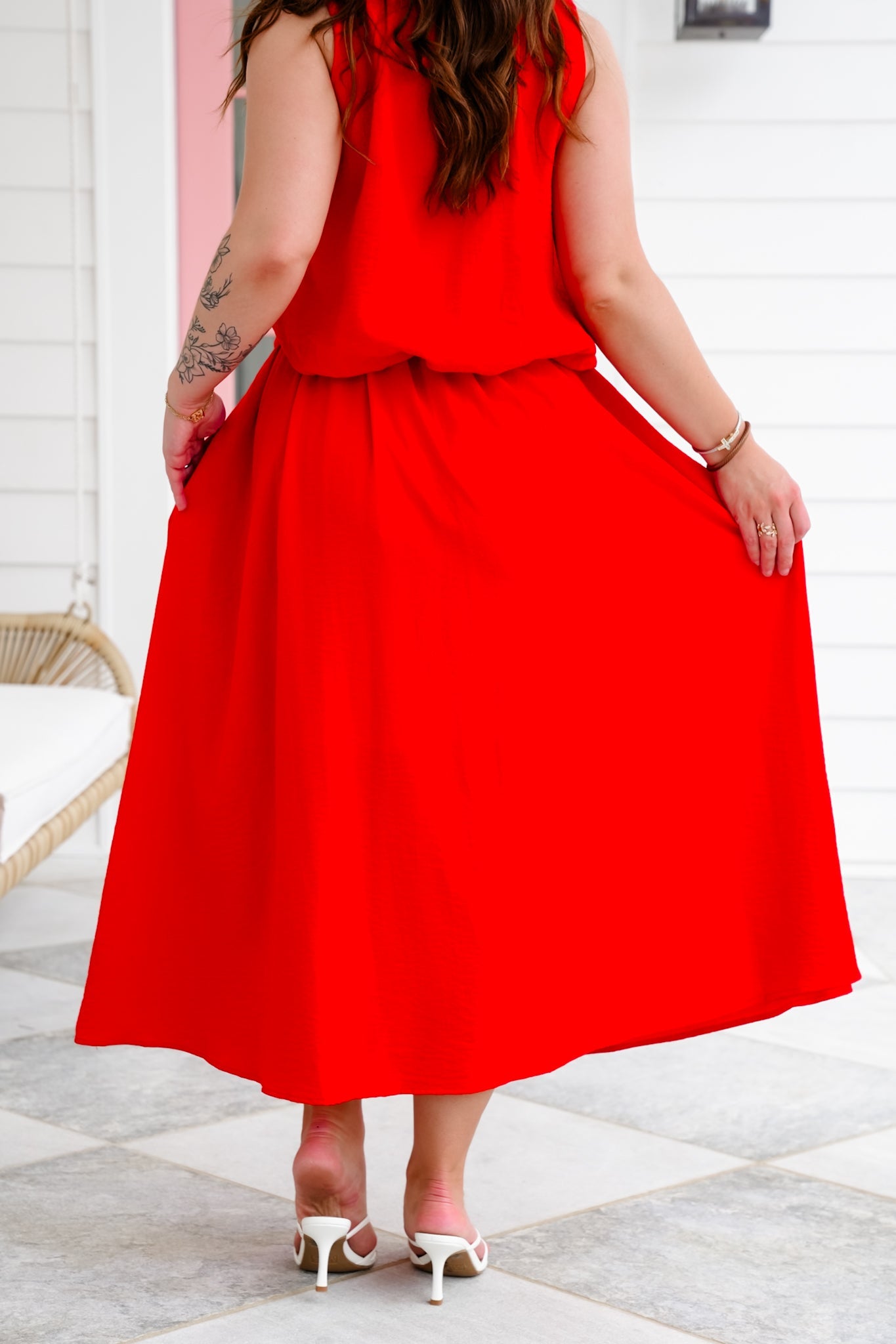 Red Woven Elastic Waist Midi Skirt with Side Pockets
