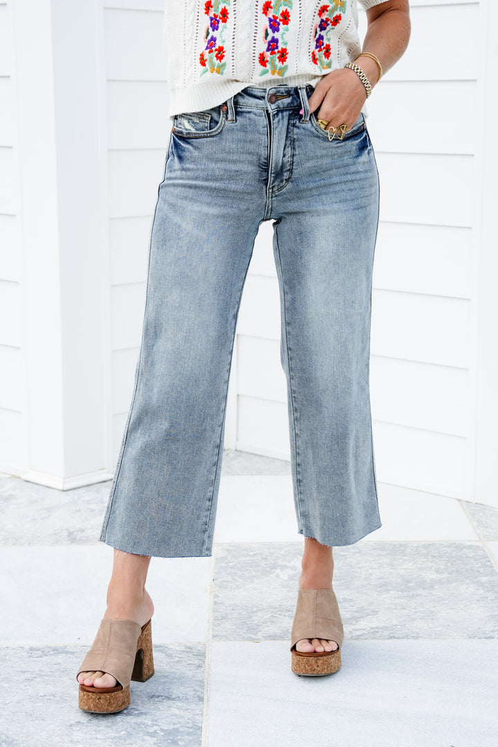 Judy Blue The Olivia Mid Rise Light Wash Tummy Control Raw Hem Cropped Wide Leg Jeans