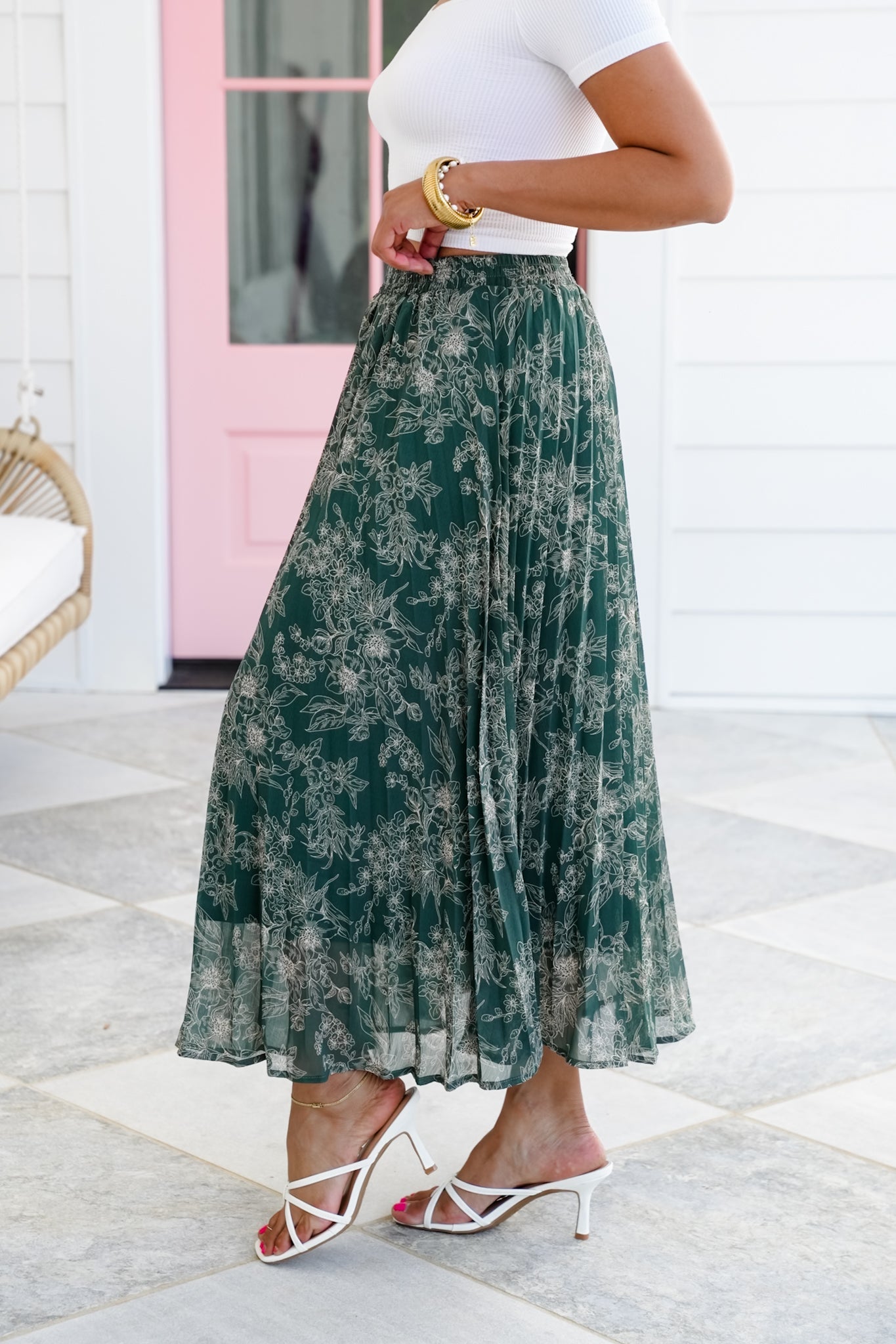 Green Floral Elastic Waist Pleated Long Skirt