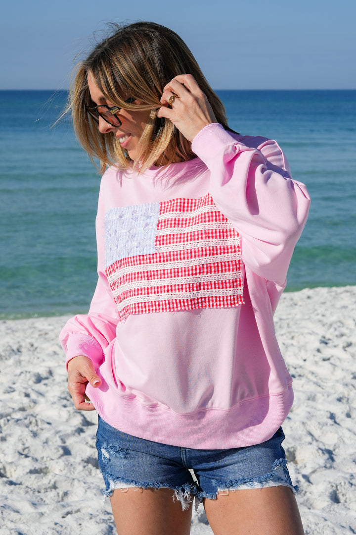 Long Sleeve Lace American Flag Pullover Sweatshirt