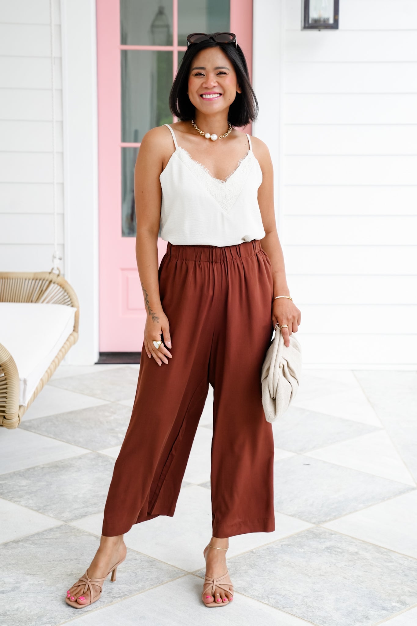 Solid Woven Elastic High Waist Wide Leg Pants