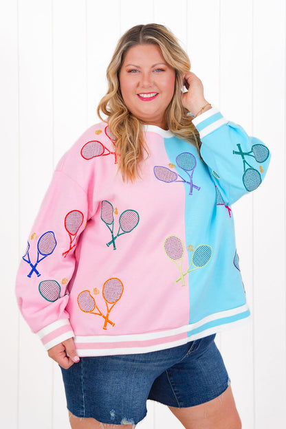 Plus/Reg Queen Of Sparkles Long Sleeve Color Block Sweatshirt with Sequin Tennis Detail