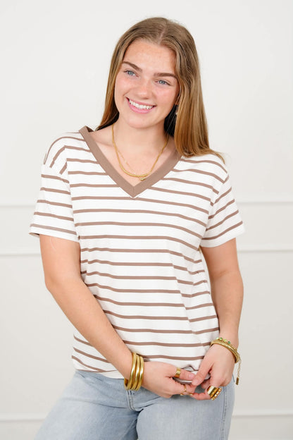 Door Buster! Plus/Reg Zenana Striped V Neck Tee Shirts