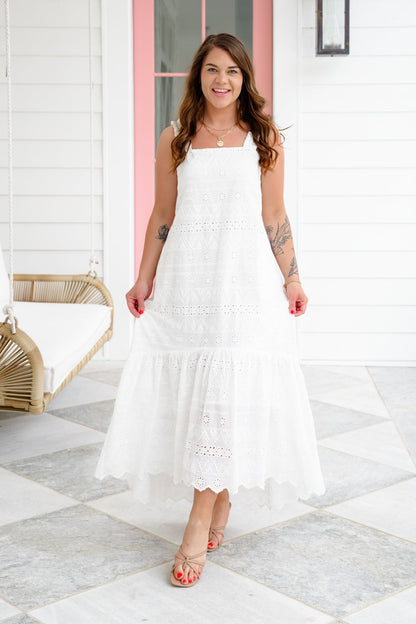 Plus/Reg Sleeveless White Eyelet Scalloped Hem Dress